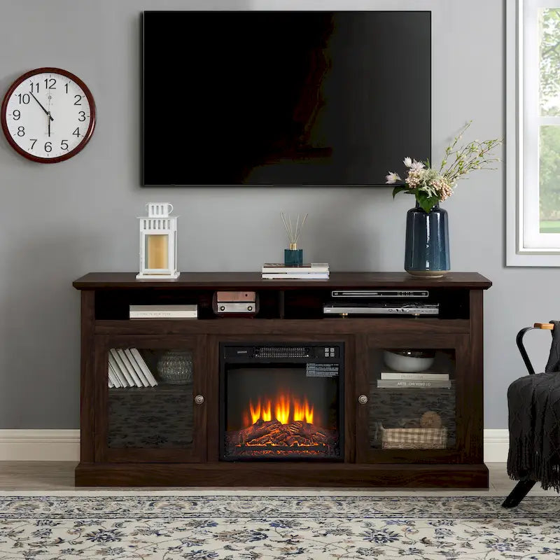 Meuble TV avec cheminée de 60 po, portes vitrées et rangement ouvert/fermé pour téléviseurs jusqu'à 65 po