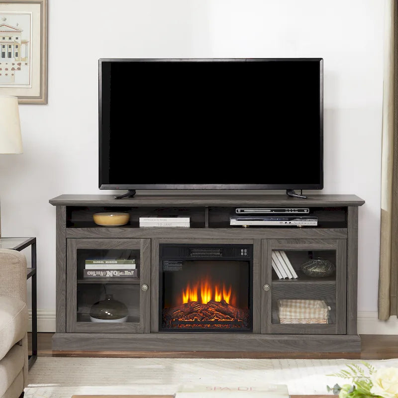 Meuble TV avec cheminée de 60 po, portes vitrées et rangement ouvert/fermé pour téléviseurs jusqu'à 65 po