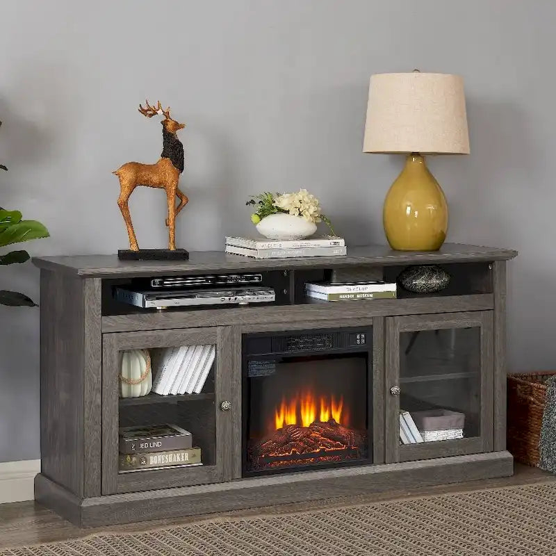 Meuble TV avec cheminée de 60 po, portes vitrées et rangement ouvert/fermé pour téléviseurs jusqu'à 65 po