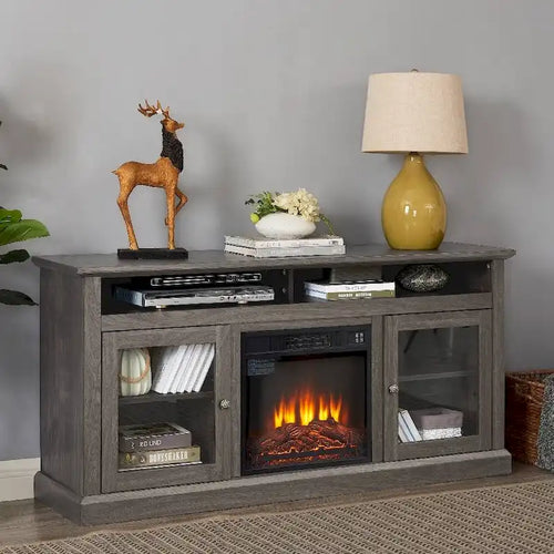 Meuble TV avec cheminée de 60 po, portes vitrées et rangement ouvert/fermé pour téléviseurs jusqu'à 65 po