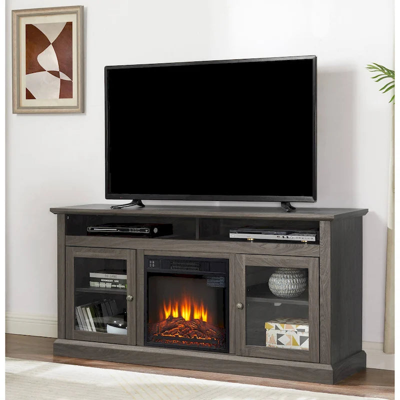 Meuble TV avec cheminée de 60 po, portes vitrées et rangement ouvert/fermé pour téléviseurs jusqu'à 65 po