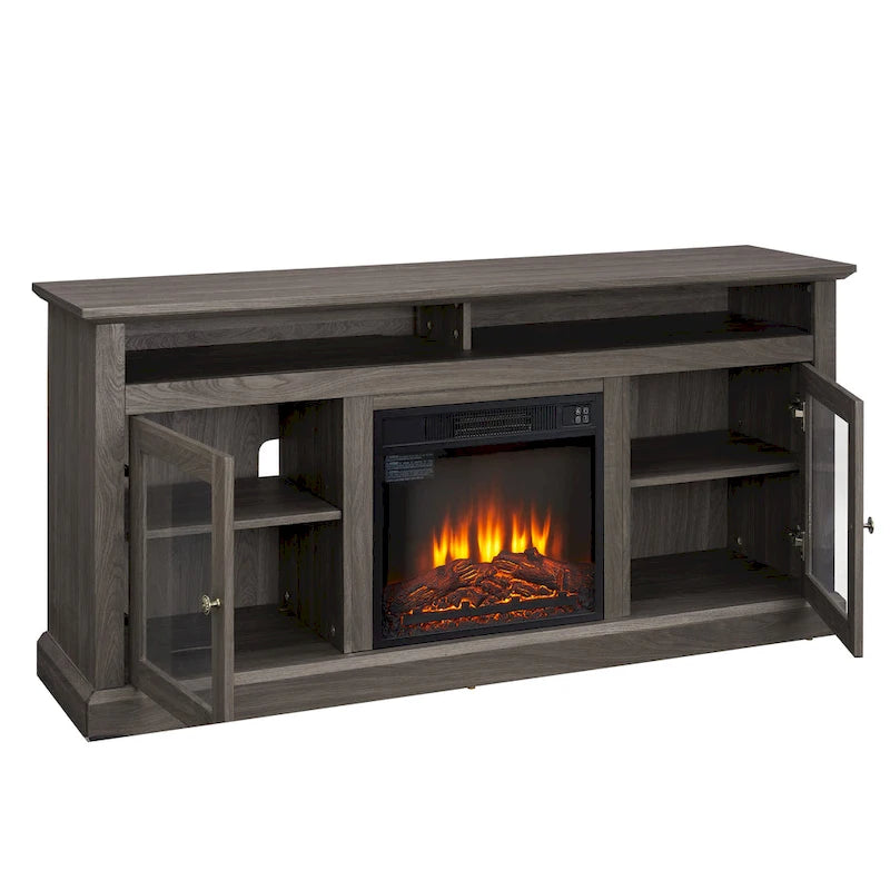 Meuble TV avec cheminée de 60 po, portes vitrées et rangement ouvert/fermé pour téléviseurs jusqu'à 65 po