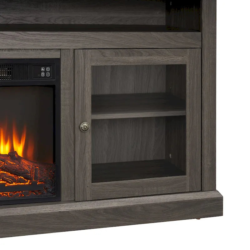 Meuble TV avec cheminée de 60 po, portes vitrées et rangement ouvert/fermé pour téléviseurs jusqu'à 65 po