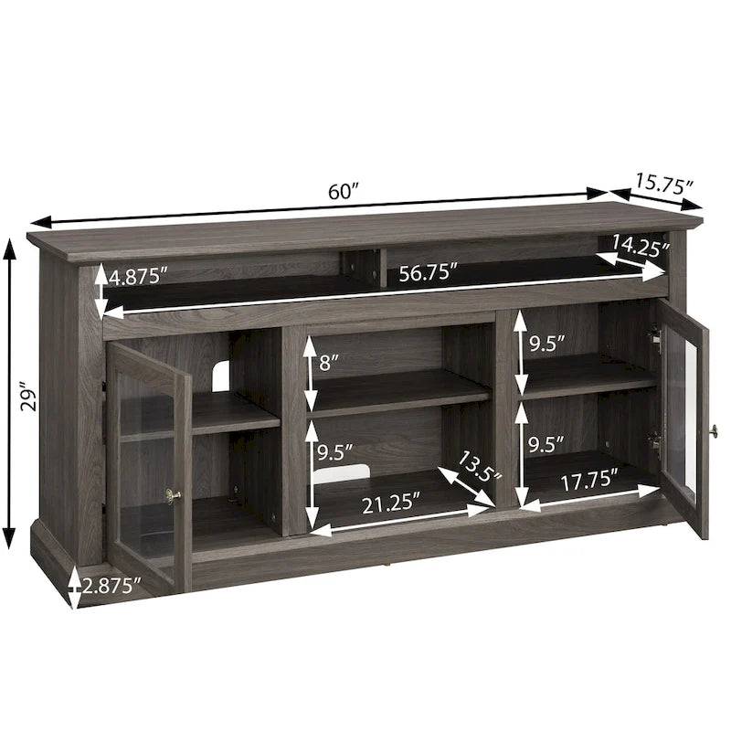 Meuble TV avec cheminée de 60 po, portes vitrées et rangement ouvert/fermé pour téléviseurs jusqu'à 65 po