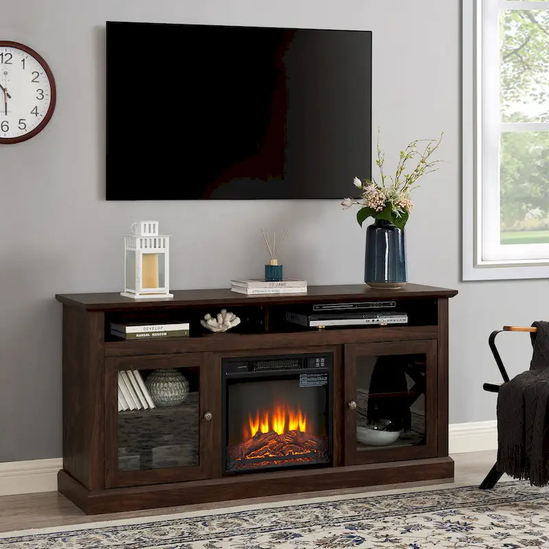 Meuble TV avec cheminée de 60 po, portes vitrées et rangement ouvert/fermé pour téléviseurs jusqu'à 65 po