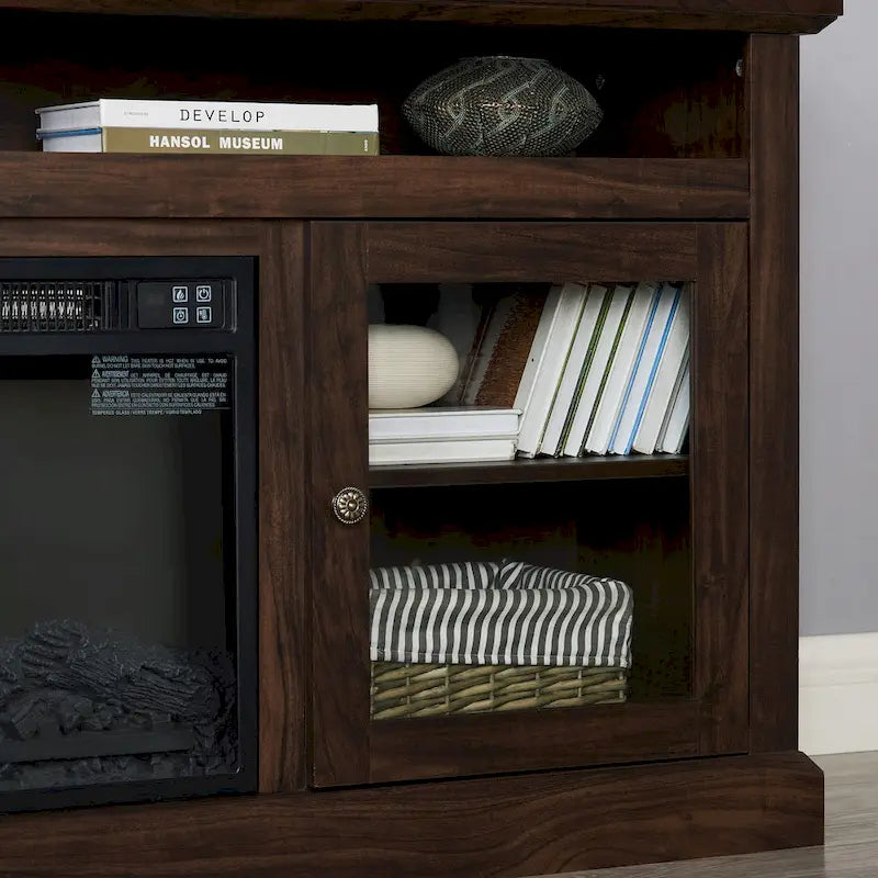 Meuble TV avec cheminée de 60 po, portes vitrées et rangement ouvert/fermé pour téléviseurs jusqu'à 65 po