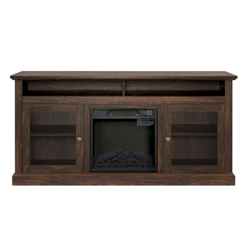 Meuble TV avec cheminée de 60 po, portes vitrées et rangement ouvert/fermé pour téléviseurs jusqu'à 65 po