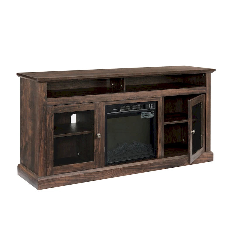 Meuble TV avec cheminée de 60 po, portes vitrées et rangement ouvert/fermé pour téléviseurs jusqu'à 65 po