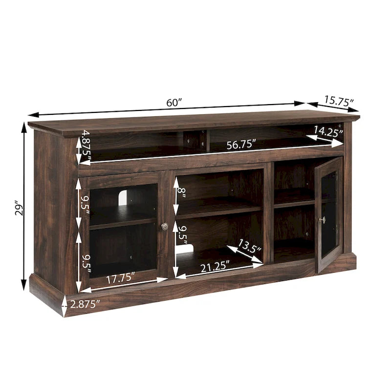 Meuble TV avec cheminée de 60 po, portes vitrées et rangement ouvert/fermé pour téléviseurs jusqu'à 65 po