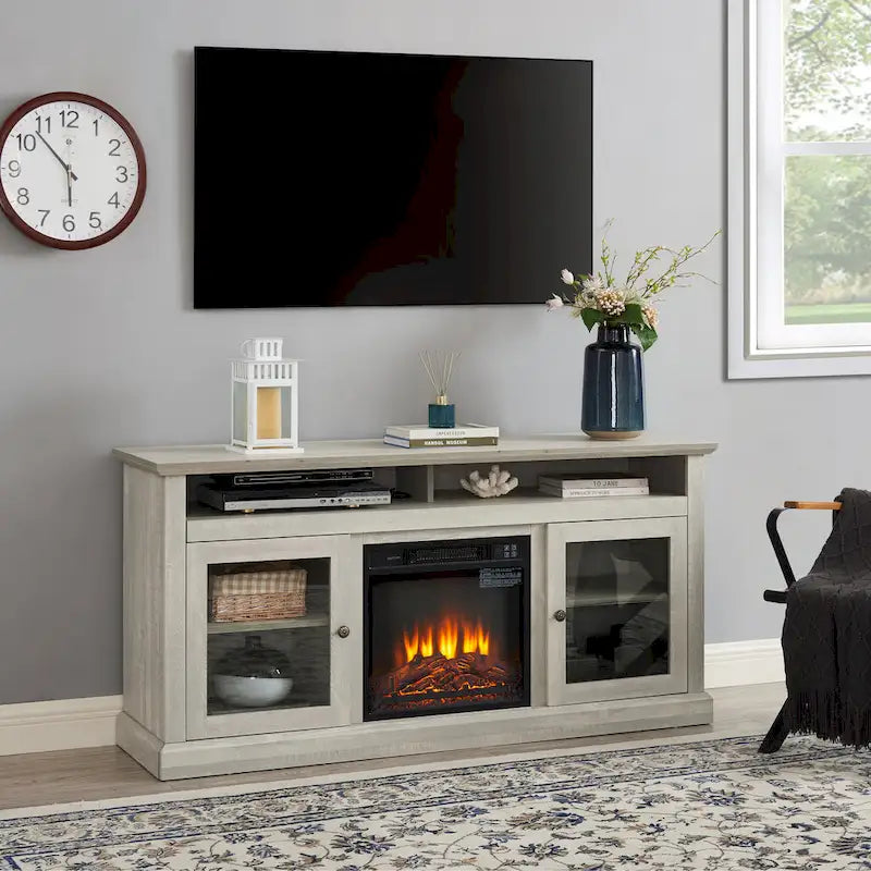 Meuble TV avec cheminée de 60 po, portes vitrées et rangement ouvert/fermé pour téléviseurs jusqu'à 65 po