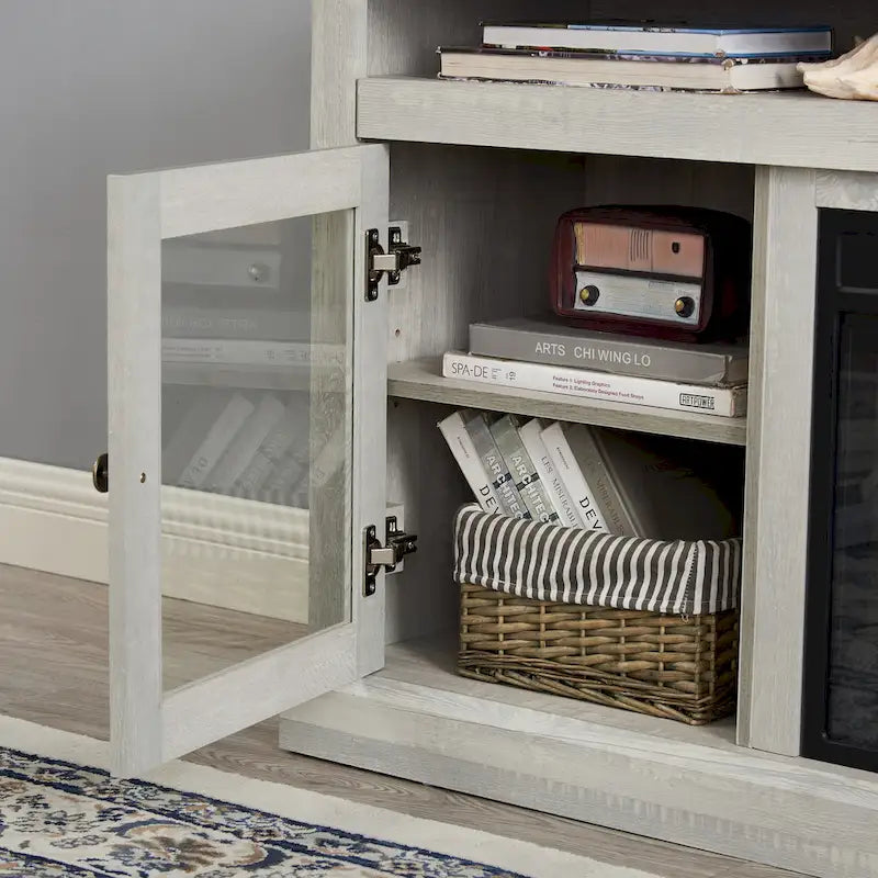 Meuble TV avec cheminée de 60 po, portes vitrées et rangement ouvert/fermé pour téléviseurs jusqu'à 65 po
