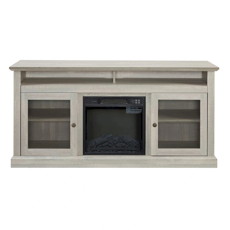 Meuble TV avec cheminée de 60 po, portes vitrées et rangement ouvert/fermé pour téléviseurs jusqu'à 65 po