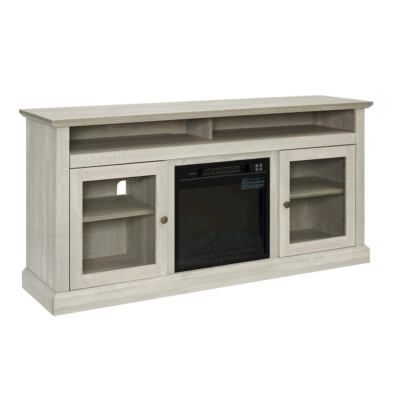 Meuble TV avec cheminée de 60 po, portes vitrées et rangement ouvert/fermé pour téléviseurs jusqu'à 65 po