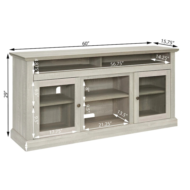 Meuble TV avec cheminée de 60 po, portes vitrées et rangement ouvert/fermé pour téléviseurs jusqu'à 65 po