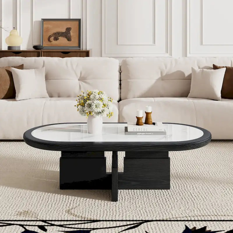 Table basse ovale Mid Century 47.24, placage en bois massif noir avec plateau en pierre frittée blanche brillante