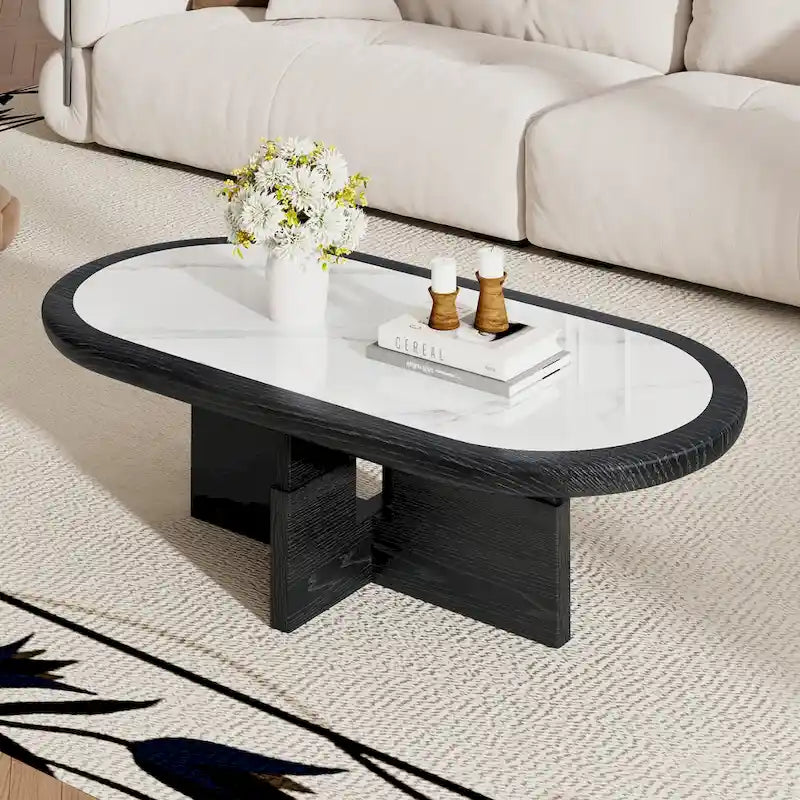 Table basse ovale Mid Century 47.24, placage en bois massif noir avec plateau en pierre frittée blanche brillante