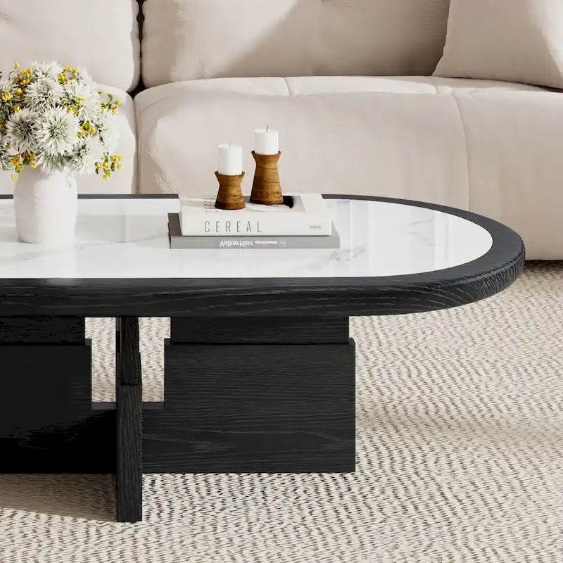 Table basse ovale Mid Century 47.24, placage en bois massif noir avec plateau en pierre frittée blanche brillante