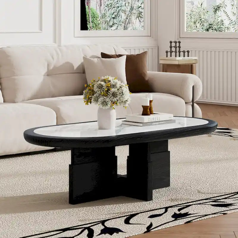 Table basse ovale Mid Century 47.24, placage en bois massif noir avec plateau en pierre frittée blanche brillante