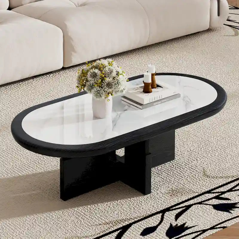 Table basse ovale Mid Century 47.24, placage en bois massif noir avec plateau en pierre frittée blanche brillante
