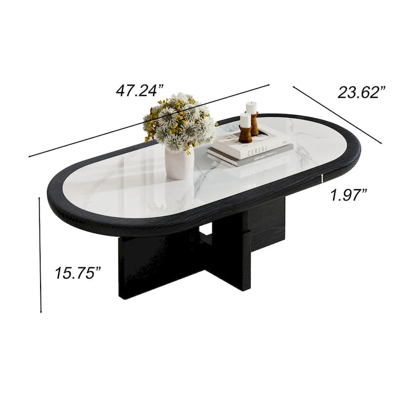 Table basse ovale Mid Century 47.24, placage en bois massif noir avec plateau en pierre frittée blanche brillante