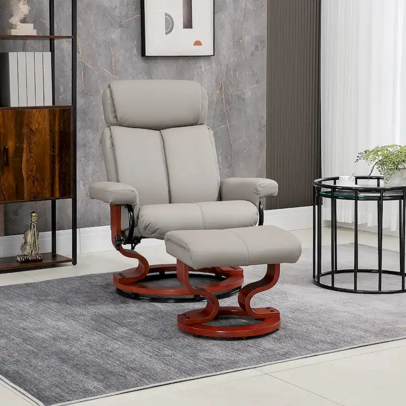 Fauteuil inclinable moderne pivotant en cuir PU avec ottoman, base en bois et appuie-tête réglable pour salon, bureau