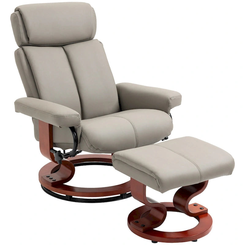 Fauteuil inclinable moderne pivotant en cuir PU avec ottoman, base en bois et appuie-tête réglable pour salon, bureau