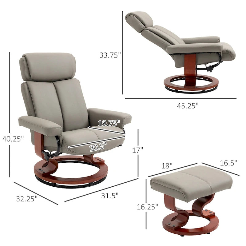 Fauteuil inclinable moderne pivotant en cuir PU avec ottoman, base en bois et appuie-tête réglable pour salon, bureau