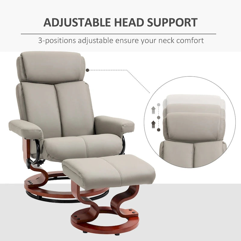 Fauteuil inclinable moderne pivotant en cuir PU avec ottoman, base en bois et appuie-tête réglable pour salon, bureau