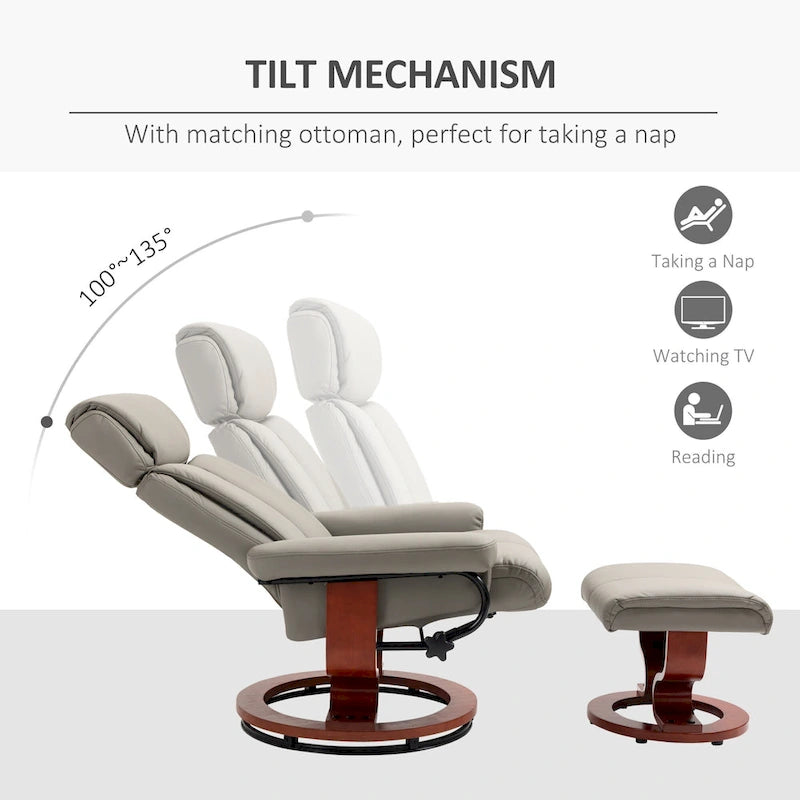 Fauteuil inclinable moderne pivotant en cuir PU avec ottoman, base en bois et appuie-tête réglable pour salon, bureau