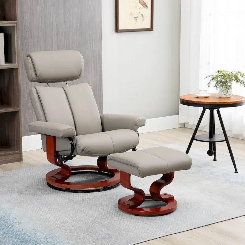 Fauteuil inclinable moderne pivotant en cuir PU avec ottoman, base en bois et appuie-tête réglable pour salon, bureau