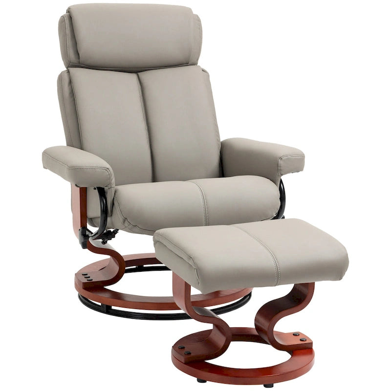 Fauteuil inclinable moderne pivotant en cuir PU avec ottoman, base en bois et appuie-tête réglable pour salon, bureau