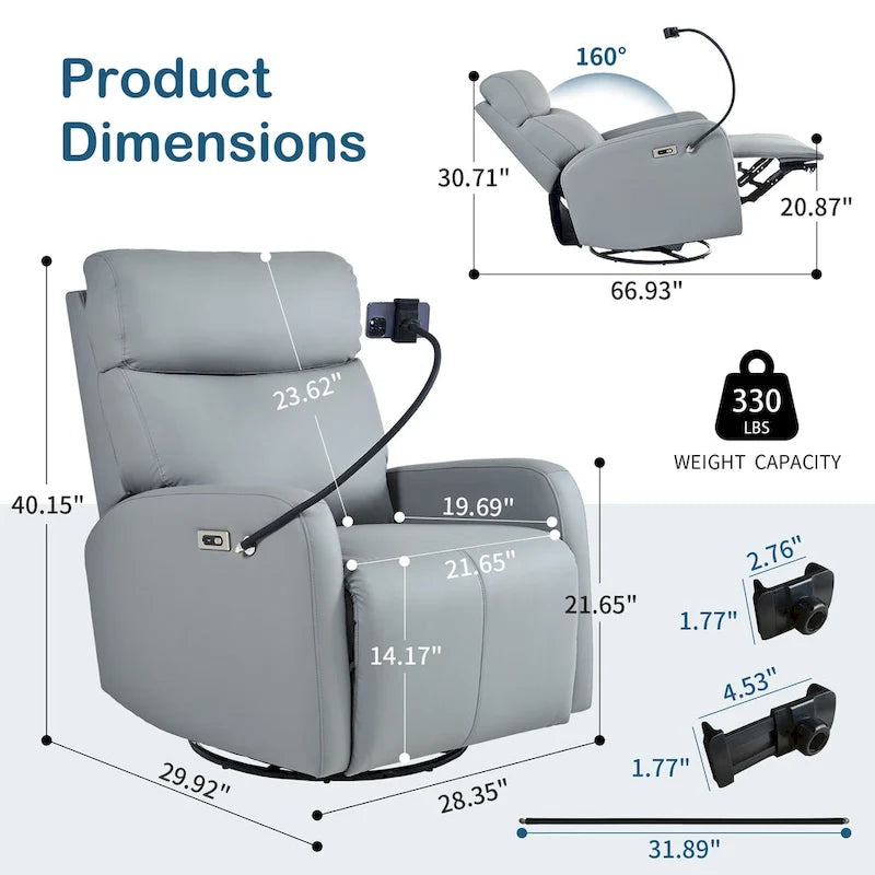 Fauteuil Inclinable Pivotant Électrique en PU avec Rotation à 270°, Inclinaison Électrique de 95-160° et Deux Ports USB - Capacité de 150 kg