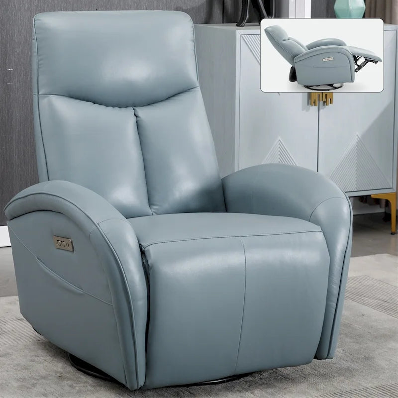 Fauteuil inclinable électrique en cuir véritable bleu avec fonction pivotante et port de chargement USB