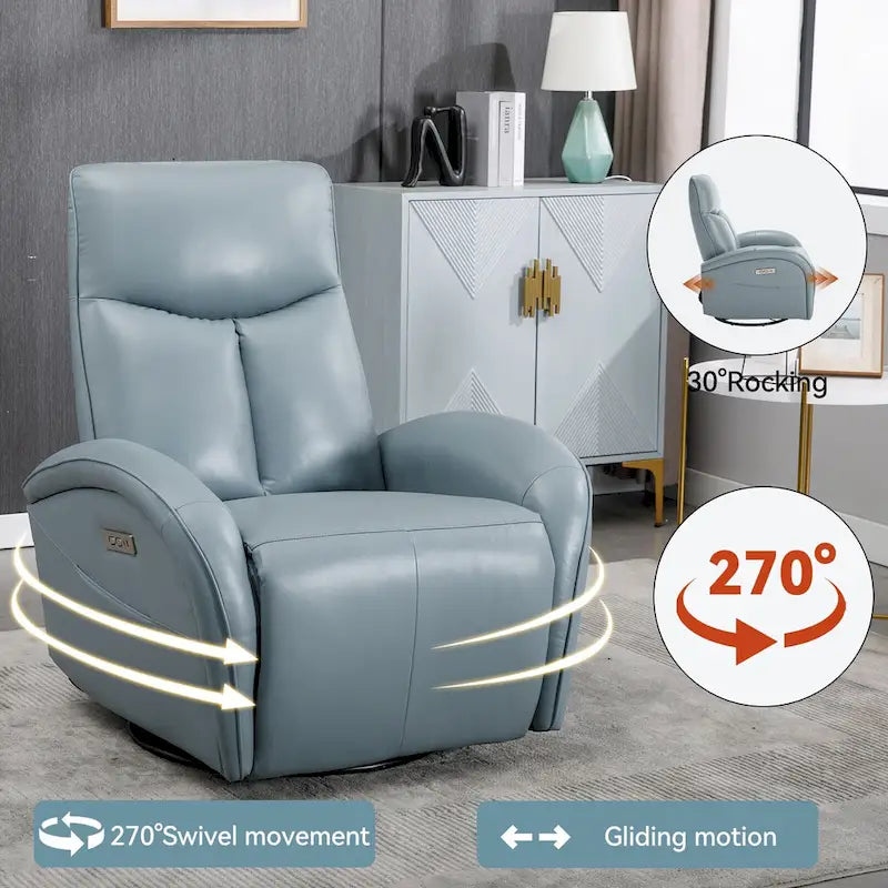 Fauteuil inclinable électrique en cuir véritable bleu avec fonction pivotante et port de chargement USB