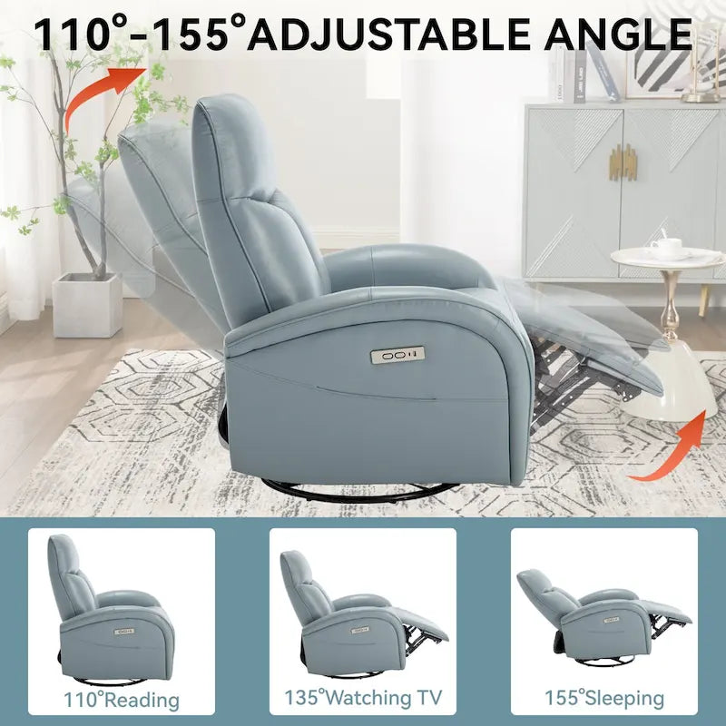Fauteuil inclinable électrique en cuir véritable bleu avec fonction pivotante et port de chargement USB