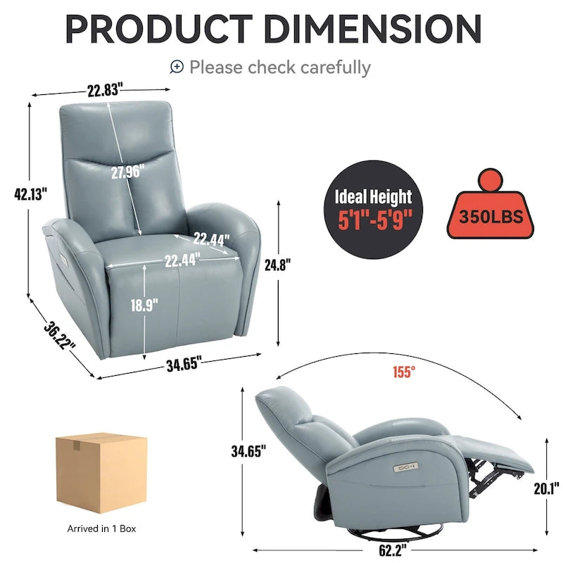Fauteuil inclinable électrique en cuir véritable bleu avec fonction pivotante et port de chargement USB