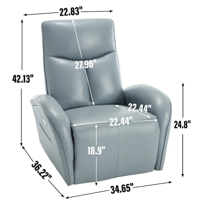 Fauteuil inclinable électrique en cuir véritable bleu avec fonction pivotante et port de chargement USB
