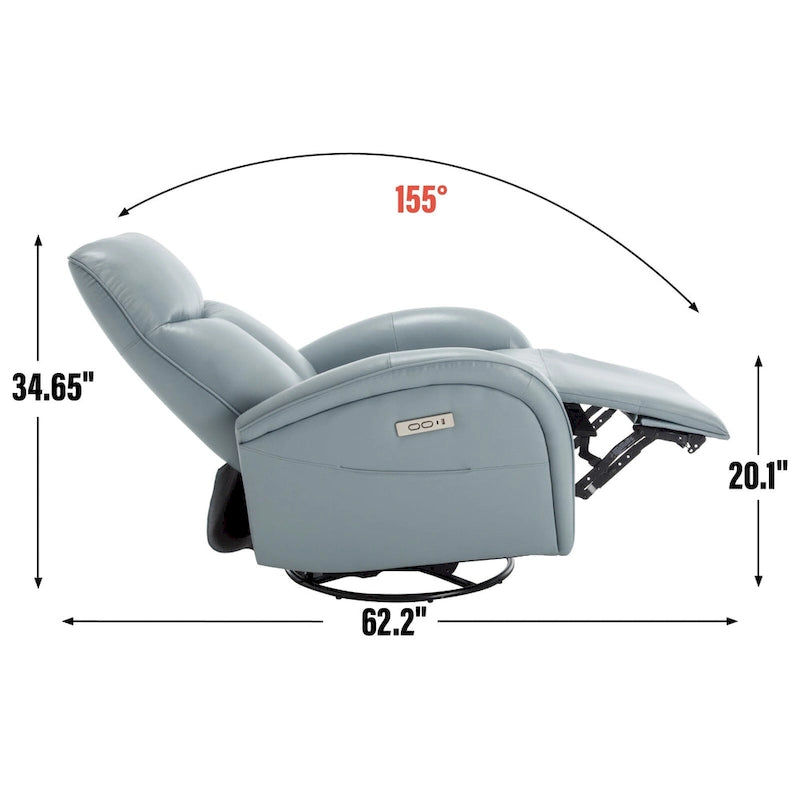 Fauteuil inclinable électrique en cuir véritable bleu avec fonction pivotante et port de chargement USB