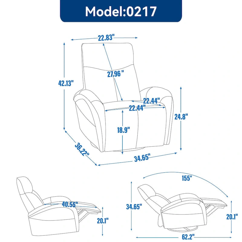 Fauteuil inclinable électrique en cuir véritable bleu avec fonction pivotante et port de chargement USB