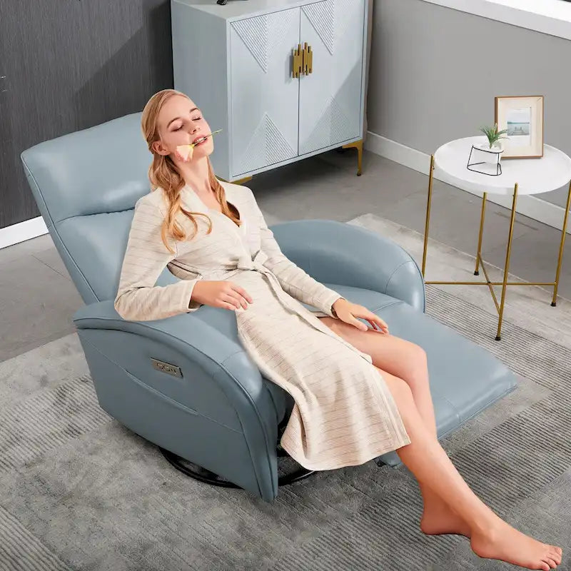 Fauteuil inclinable électrique en cuir véritable bleu avec fonction pivotante et port de chargement USB