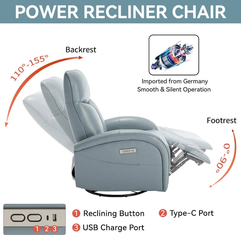 Fauteuil inclinable électrique en cuir véritable bleu avec fonction pivotante et port de chargement USB