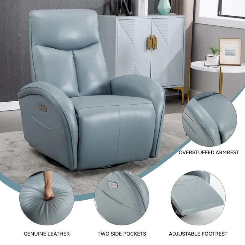 Fauteuil inclinable électrique en cuir véritable bleu avec fonction pivotante et port de chargement USB