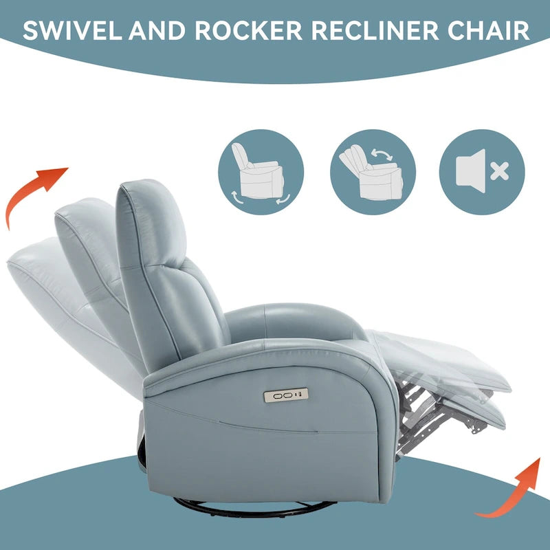 Fauteuil inclinable électrique en cuir véritable bleu avec fonction pivotante et port de chargement USB