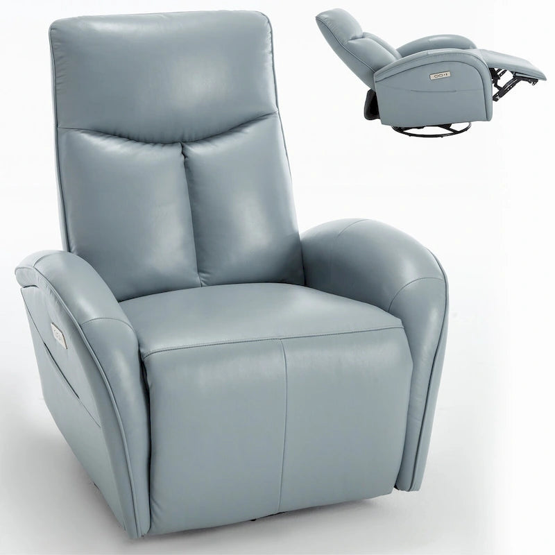 Fauteuil inclinable électrique en cuir véritable bleu avec fonction pivotante et port de chargement USB
