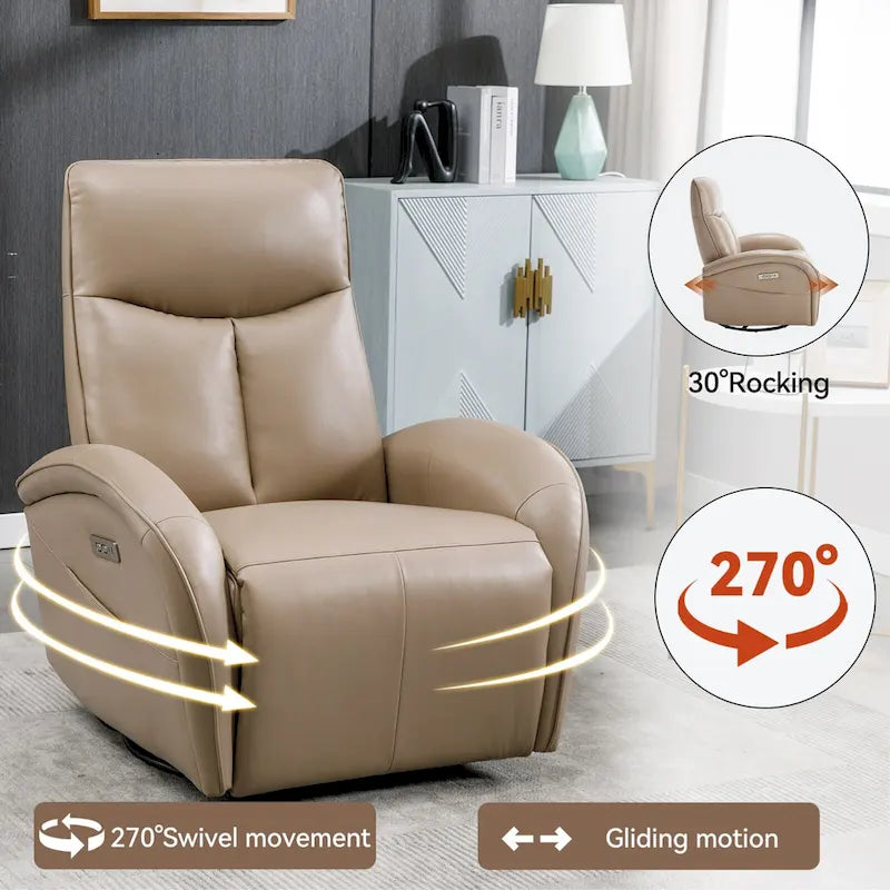 Fauteuil inclinable électrique en cuir véritable bleu avec fonction pivotante et port de chargement USB