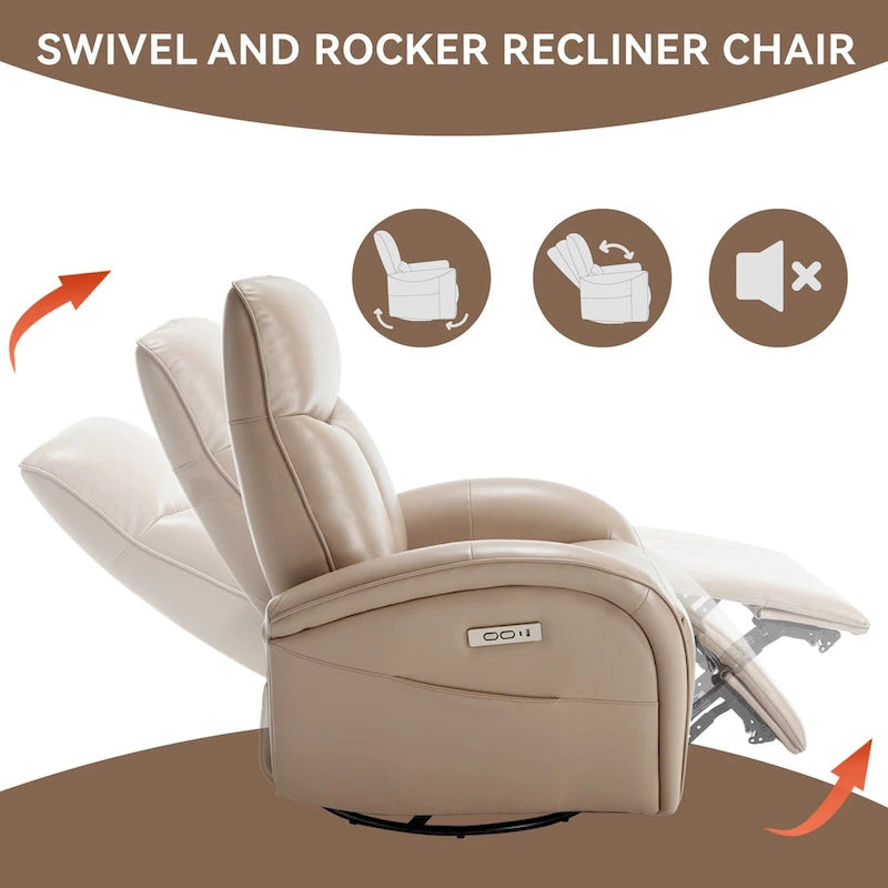 Fauteuil inclinable électrique en cuir véritable bleu avec fonction pivotante et port de chargement USB