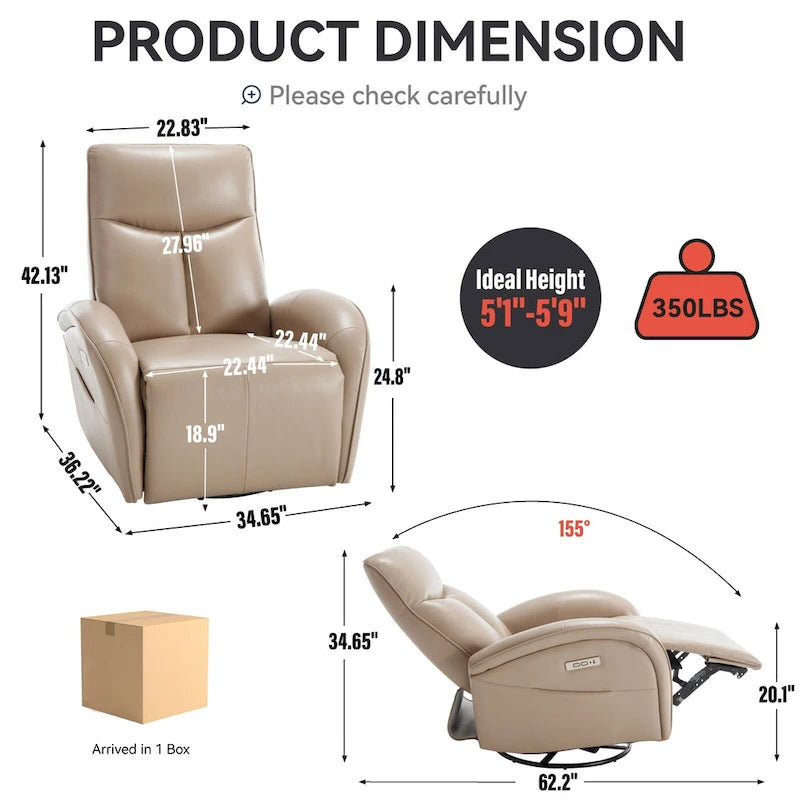 Fauteuil inclinable électrique en cuir véritable bleu avec fonction pivotante et port de chargement USB