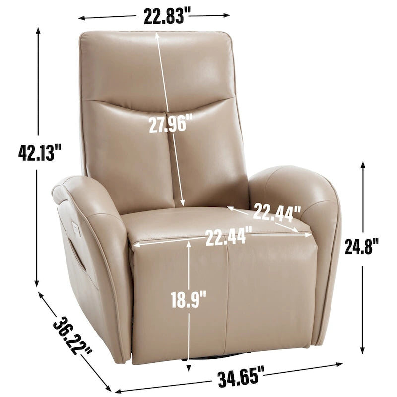 Fauteuil inclinable électrique en cuir véritable bleu avec fonction pivotante et port de chargement USB