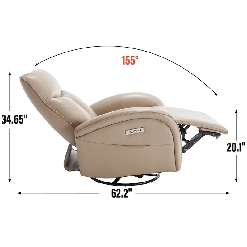Fauteuil inclinable électrique en cuir véritable bleu avec fonction pivotante et port de chargement USB