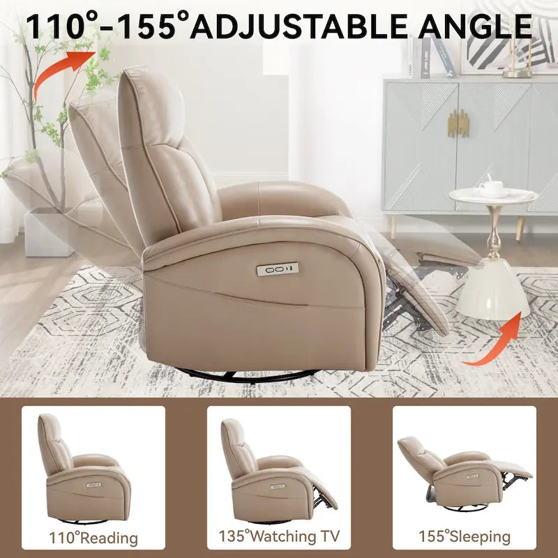 Fauteuil inclinable électrique en cuir véritable bleu avec fonction pivotante et port de chargement USB